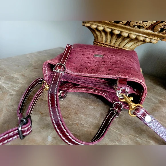 Cecconi Piero Burgundy Genuine Ostrich-Embossed Leather Mini Crossbody Bag 7"×6" - Picture 4 of 16